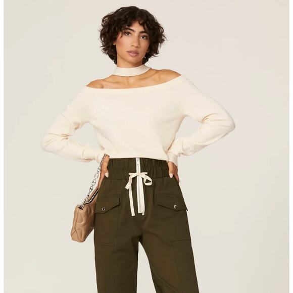 525 Sweater Womens Medium Cream Choker Cutout Halter Neck Knit Off Shoulder - Picture 4 of 12